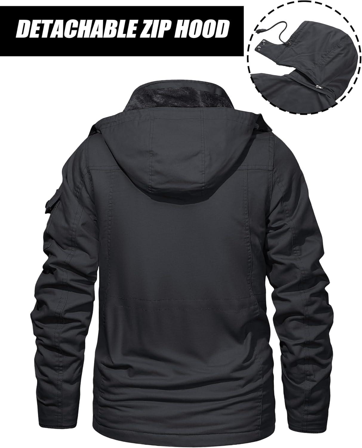 imageMAGCOMSEN Mens Winter Jacket Cotton Fleece Lined Warm Jackets Work Cargo Military Coats with 6 PocketsGrey