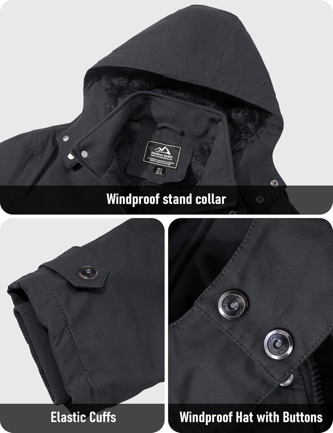 imageMAGCOMSEN Mens Winter Jacket Cotton Fleece Lined Warm Jackets Work Cargo Military Coats with 6 PocketsGrey