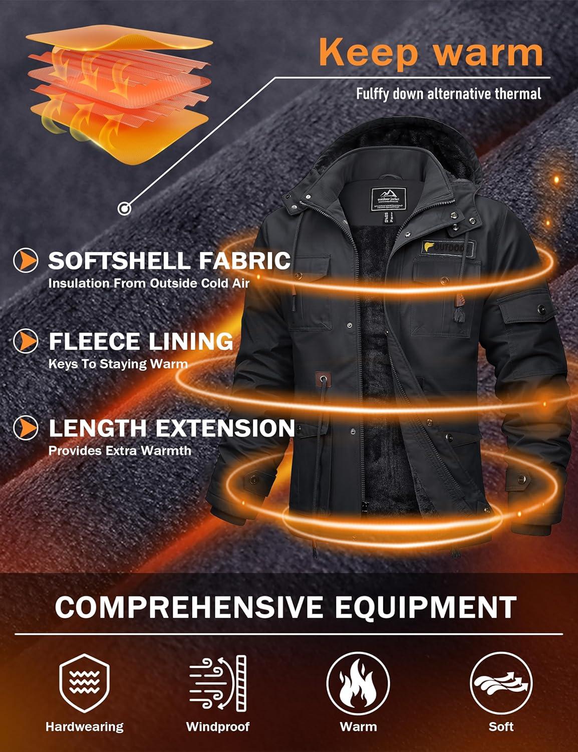 imageMAGCOMSEN Mens Winter Jacket Cotton Fleece Lined Warm Jackets Work Cargo Military Coats with 6 PocketsGrey