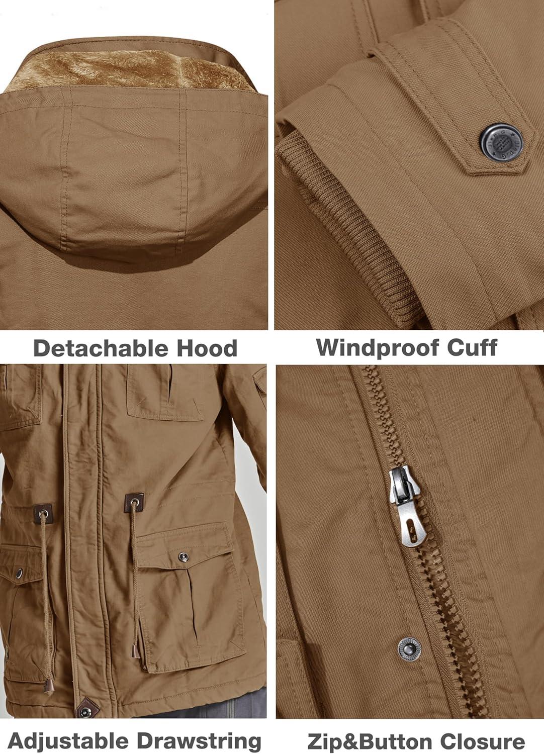 imageMAGCOMSEN Mens Winter Jacket Cotton Fleece Lined Warm Jackets Work Cargo Military Coats with 6 PocketsKhaki