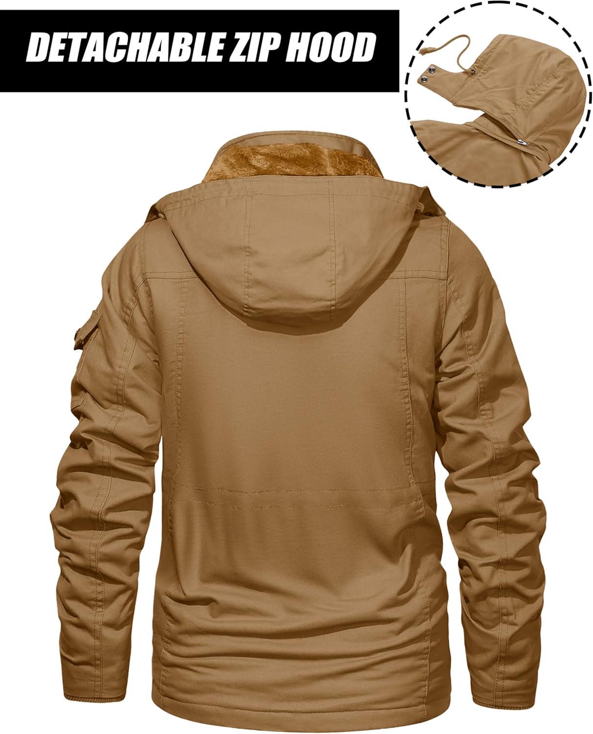 imageMAGCOMSEN Mens Winter Jacket Cotton Fleece Lined Warm Jackets Work Cargo Military Coats with 6 PocketsKhaki