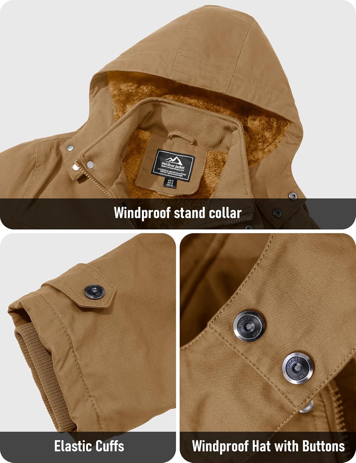 imageMAGCOMSEN Mens Winter Jacket Cotton Fleece Lined Warm Jackets Work Cargo Military Coats with 6 PocketsKhaki