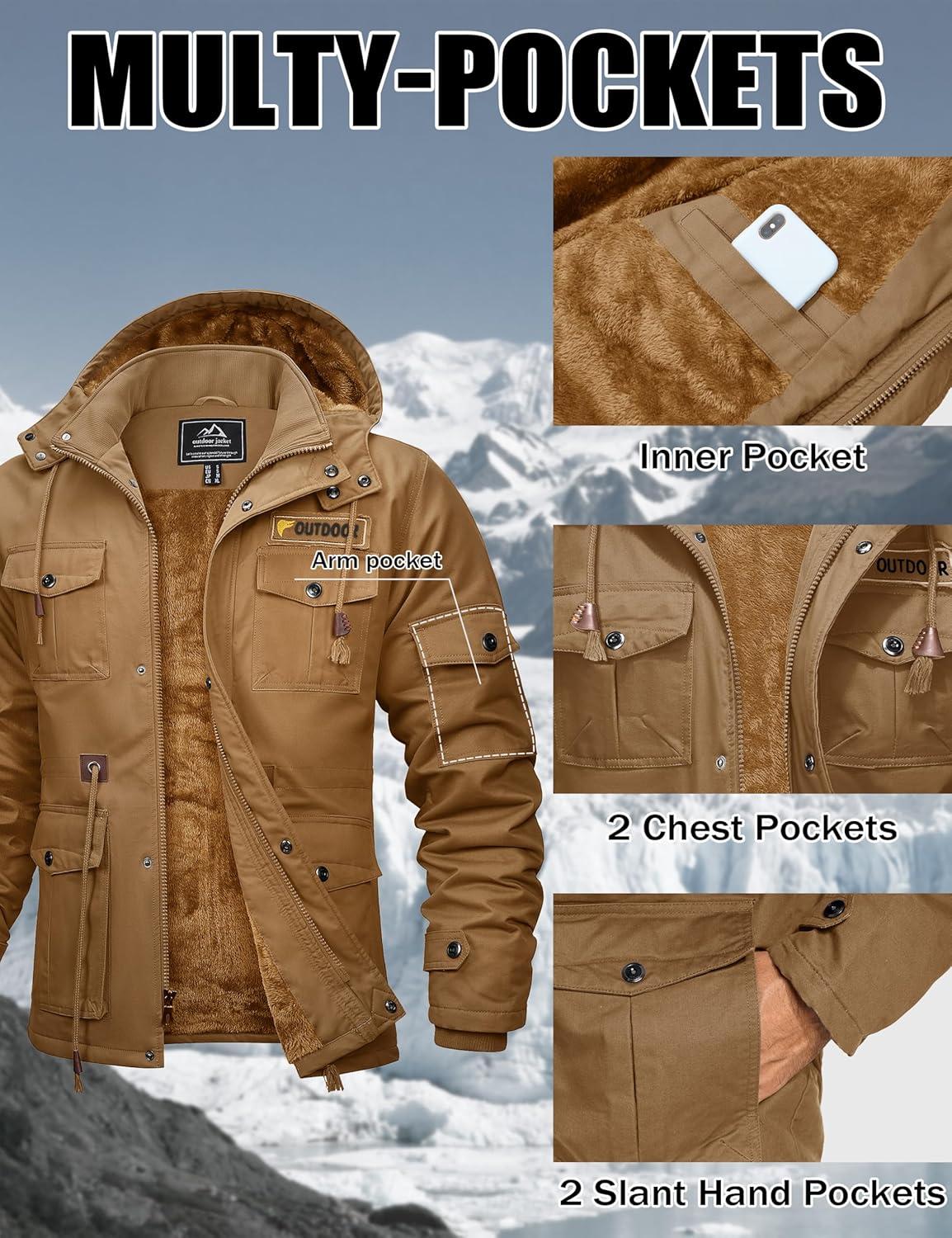 imageMAGCOMSEN Mens Winter Jacket Cotton Fleece Lined Warm Jackets Work Cargo Military Coats with 6 PocketsKhaki