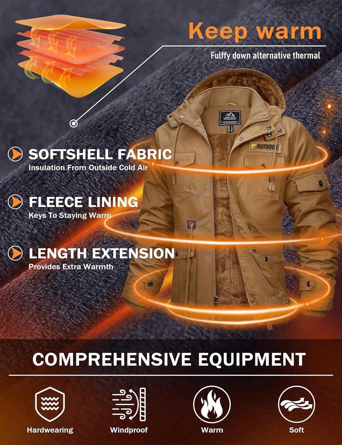 imageMAGCOMSEN Mens Winter Jacket Cotton Fleece Lined Warm Jackets Work Cargo Military Coats with 6 PocketsKhaki
