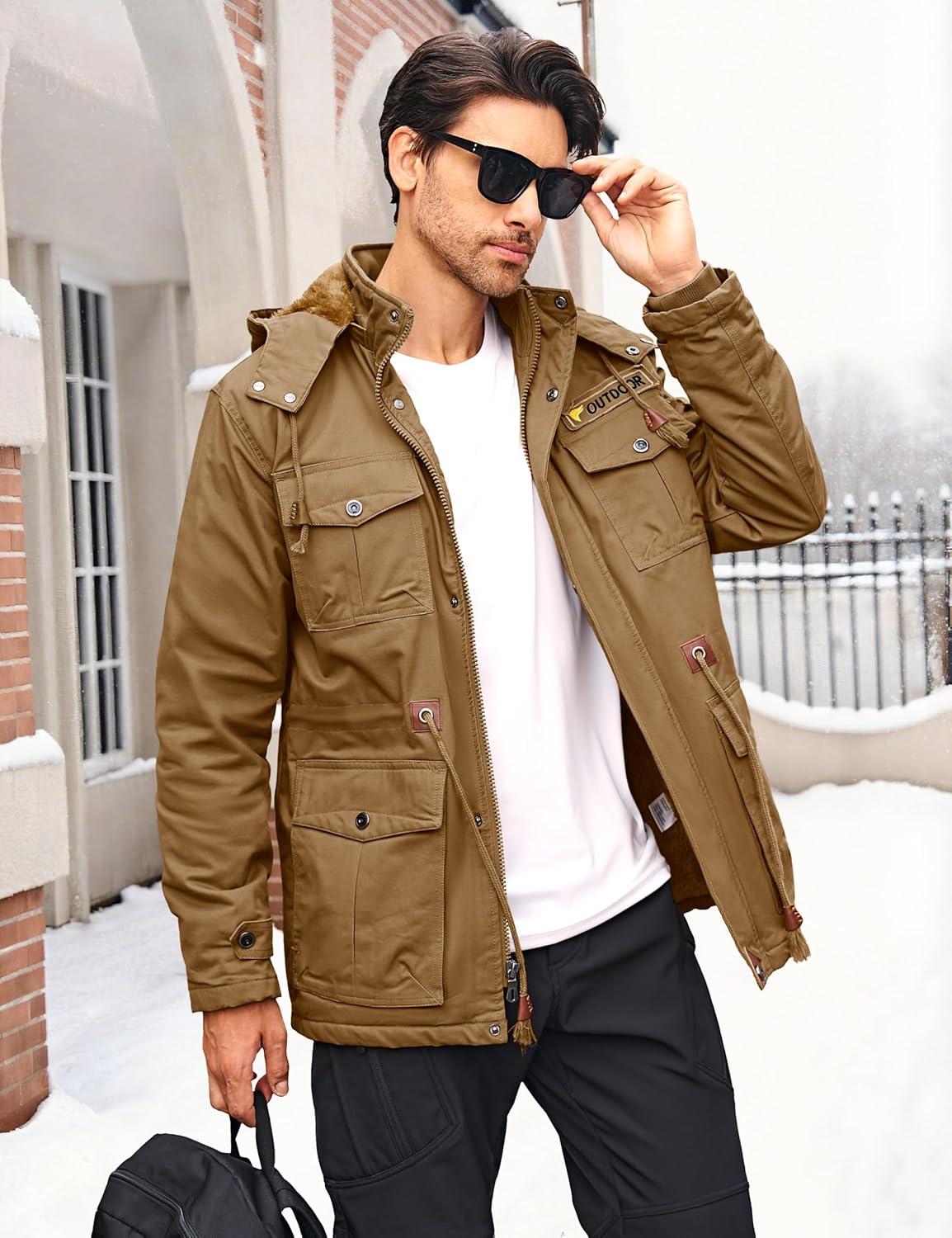 imageMAGCOMSEN Mens Winter Jacket Cotton Fleece Lined Warm Jackets Work Cargo Military Coats with 6 PocketsKhaki