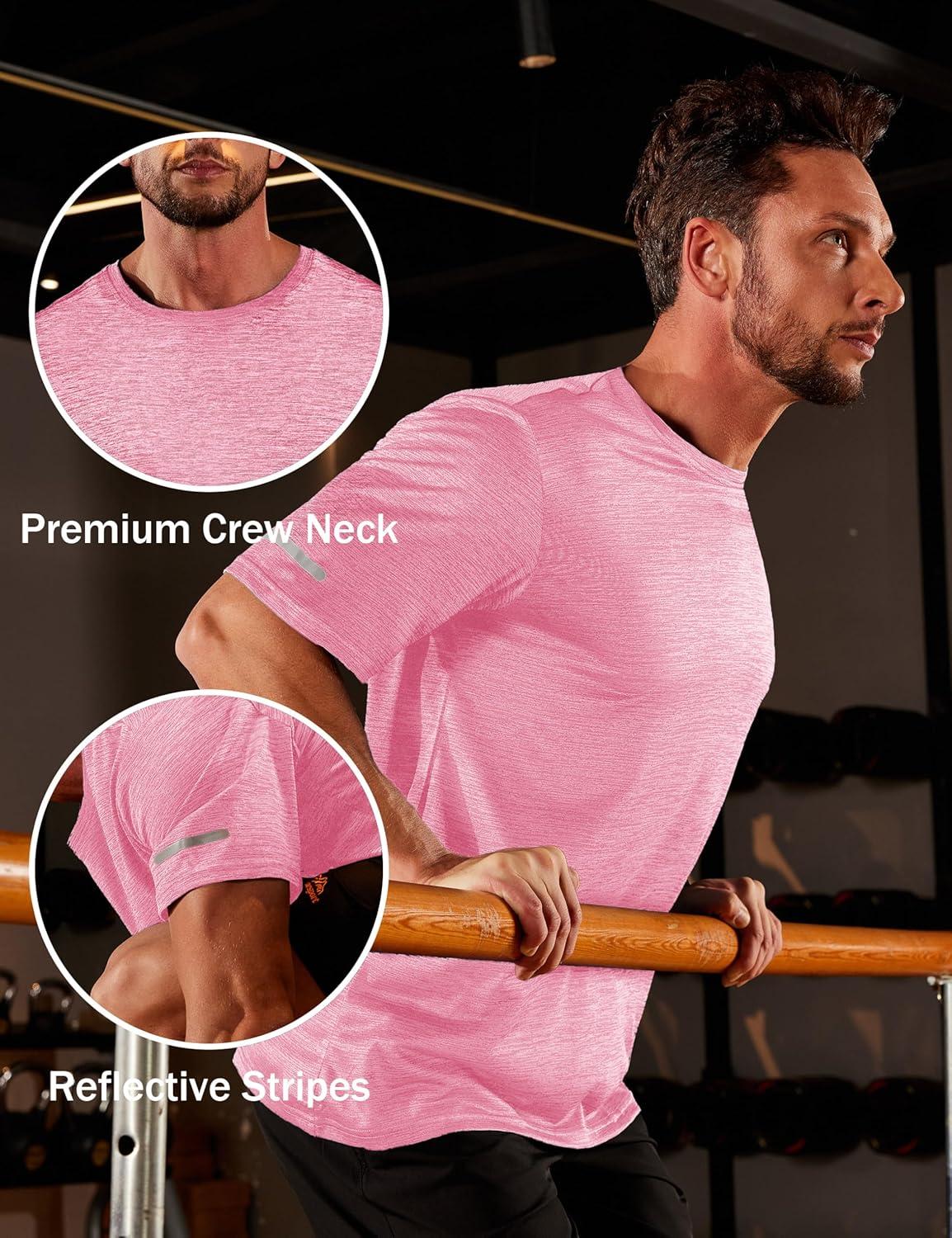 imageMAGCOMSEN Mens Workout Shirts Short Sleeve Tees Quick Dry Moisture Wicking Athletic Gym Running Crewneck TShirtPink