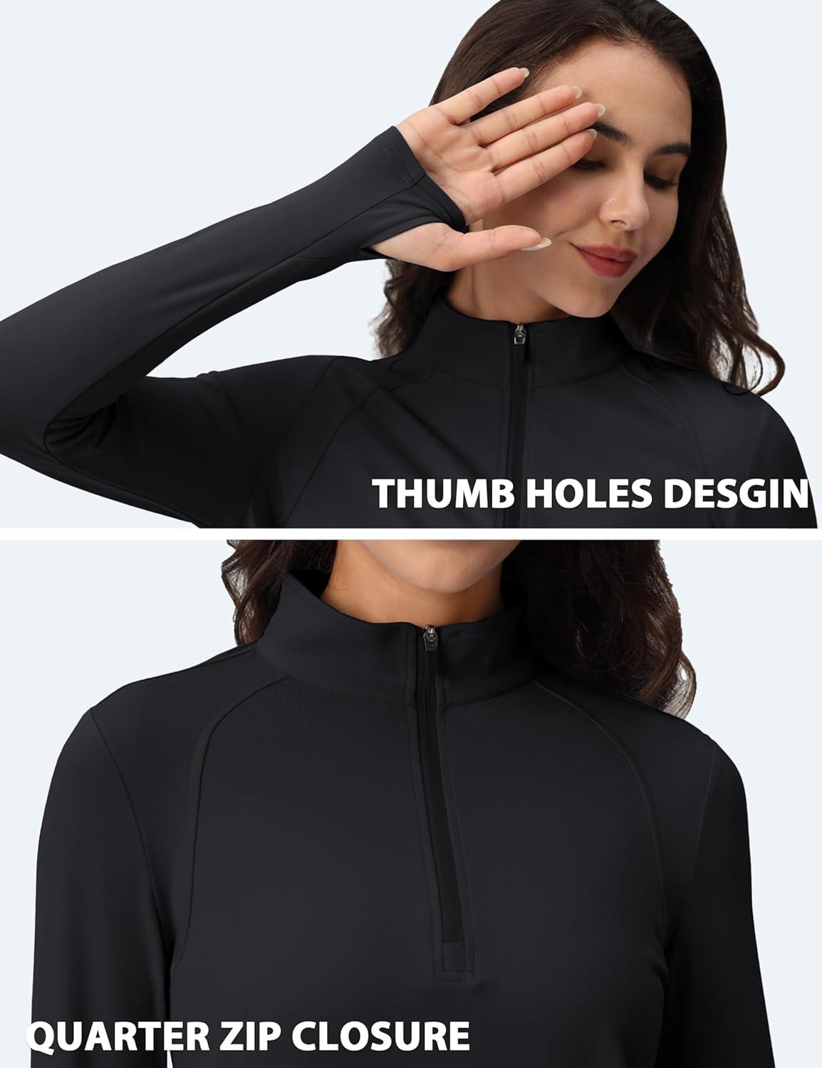 imageMAGCOMSEN Womens 14 Quarter Zip Pullover Thermal Running Shirts Long Sleeve Athletic Warm Tops with Zip PocketsBlack