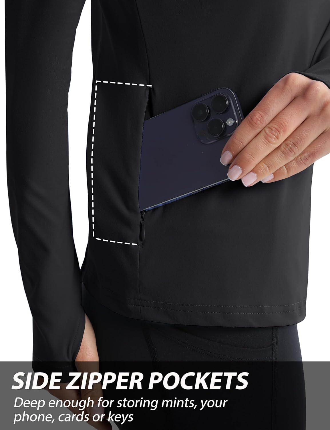 imageMAGCOMSEN Womens 14 Quarter Zip Pullover Thermal Running Shirts Long Sleeve Athletic Warm Tops with Zip PocketsBlack