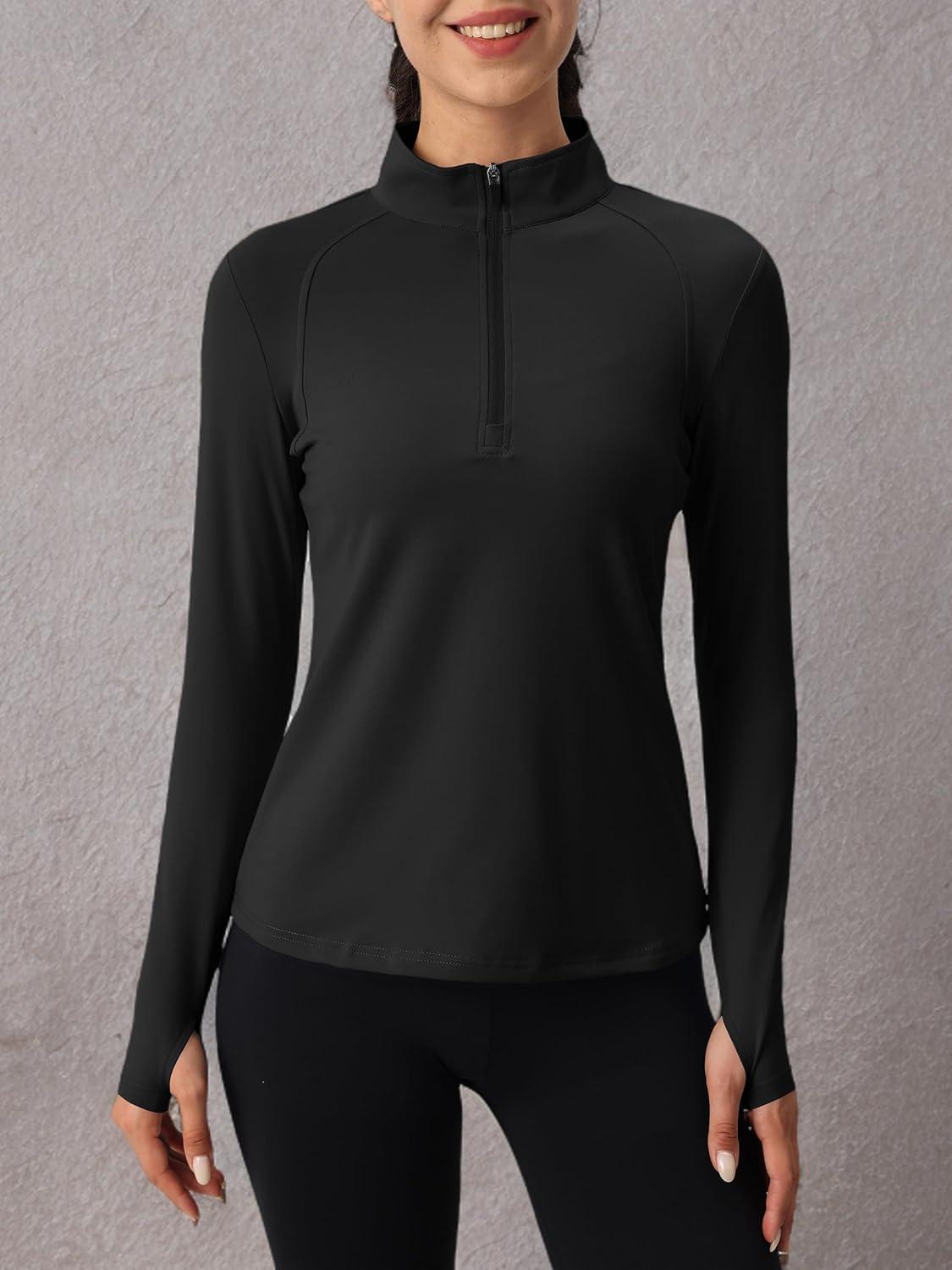 imageMAGCOMSEN Womens 14 Quarter Zip Pullover Thermal Running Shirts Long Sleeve Athletic Warm Tops with Zip PocketsBlack