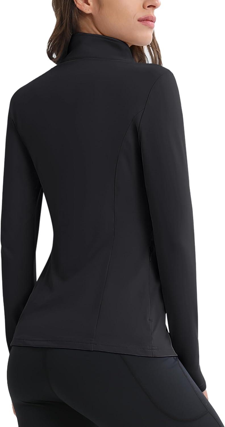 imageMAGCOMSEN Womens 14 Quarter Zip Pullover Thermal Running Shirts Long Sleeve Athletic Warm Tops with Zip PocketsBlack