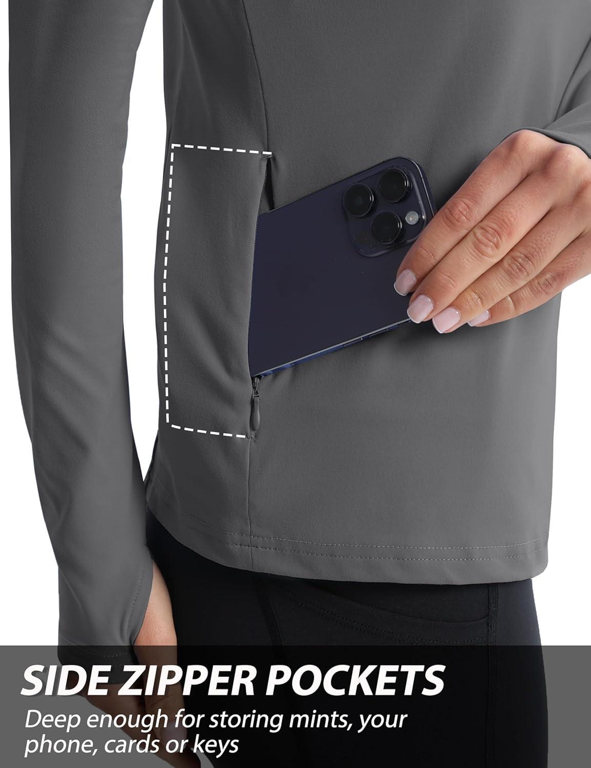 imageMAGCOMSEN Womens 14 Quarter Zip Pullover Thermal Running Shirts Long Sleeve Athletic Warm Tops with Zip PocketsDark Grey