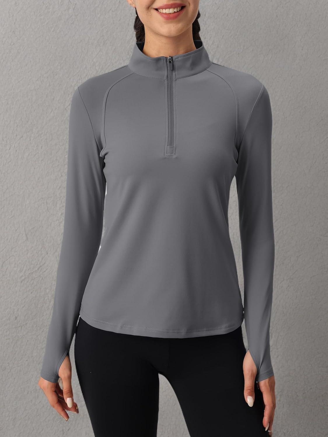 imageMAGCOMSEN Womens 14 Quarter Zip Pullover Thermal Running Shirts Long Sleeve Athletic Warm Tops with Zip PocketsDark Grey