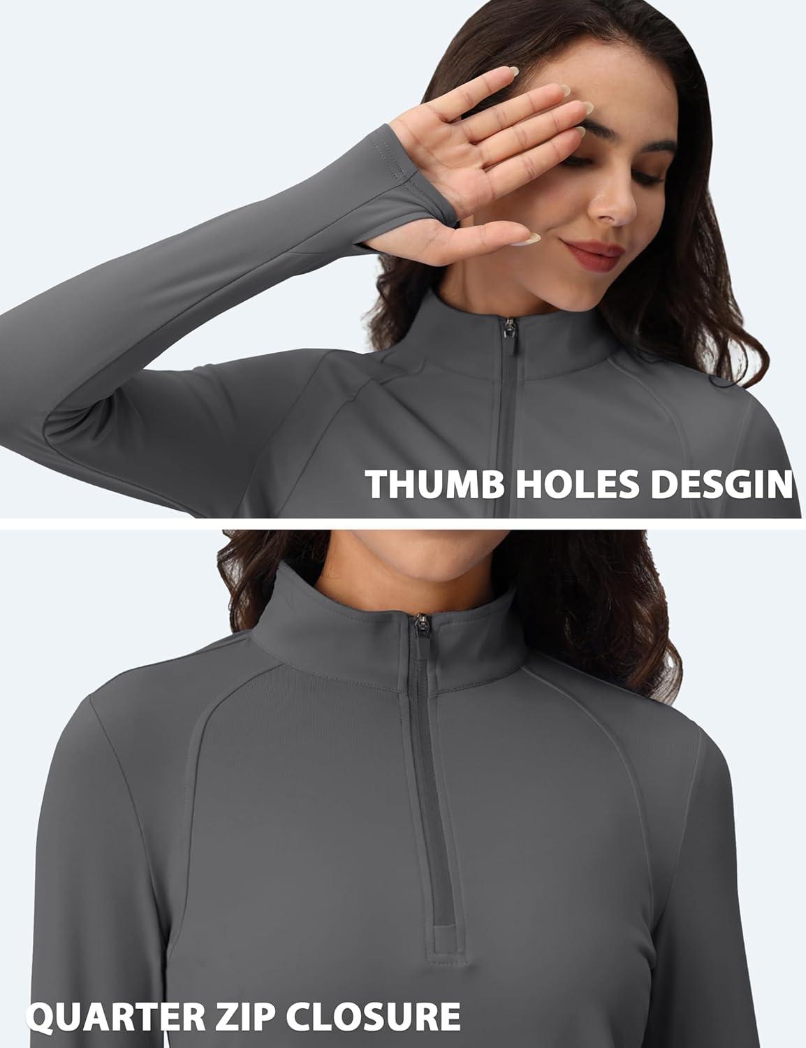 imageMAGCOMSEN Womens 14 Quarter Zip Pullover Thermal Running Shirts Long Sleeve Athletic Warm Tops with Zip PocketsDark Grey