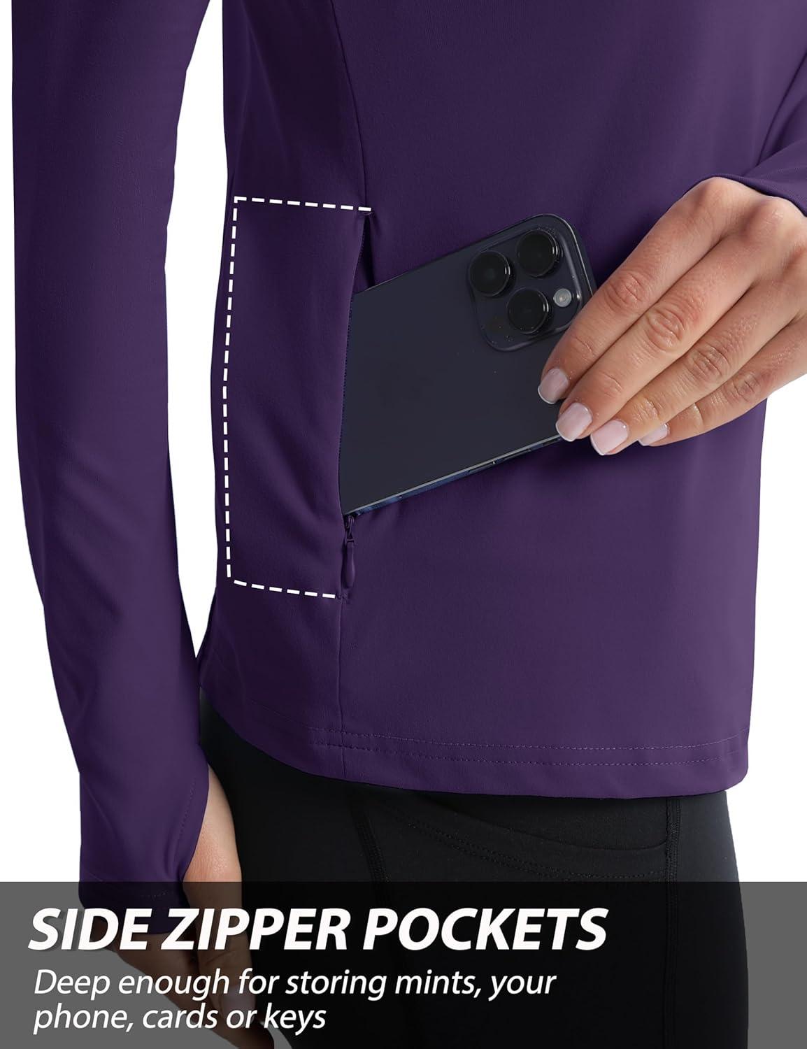 imageMAGCOMSEN Womens 14 Quarter Zip Pullover Thermal Running Shirts Long Sleeve Athletic Warm Tops with Zip PocketsDeep Purple