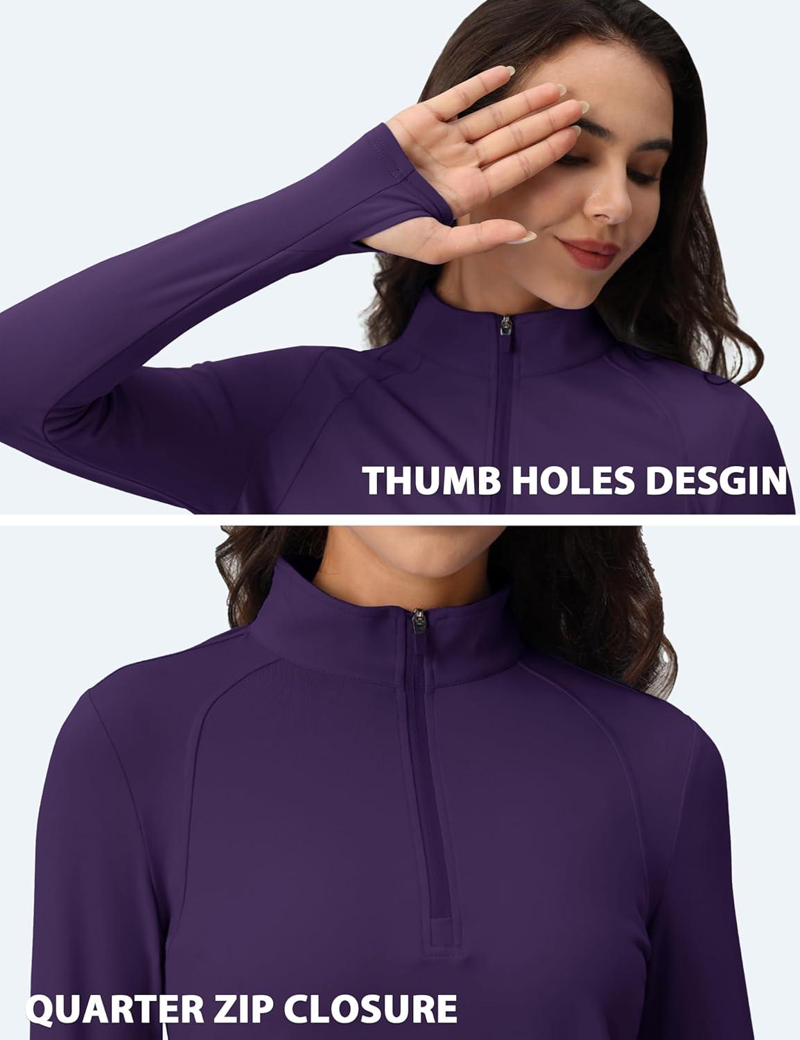 imageMAGCOMSEN Womens 14 Quarter Zip Pullover Thermal Running Shirts Long Sleeve Athletic Warm Tops with Zip PocketsDeep Purple