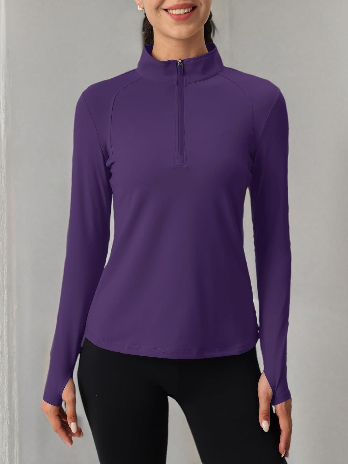 imageMAGCOMSEN Womens 14 Quarter Zip Pullover Thermal Running Shirts Long Sleeve Athletic Warm Tops with Zip PocketsDeep Purple