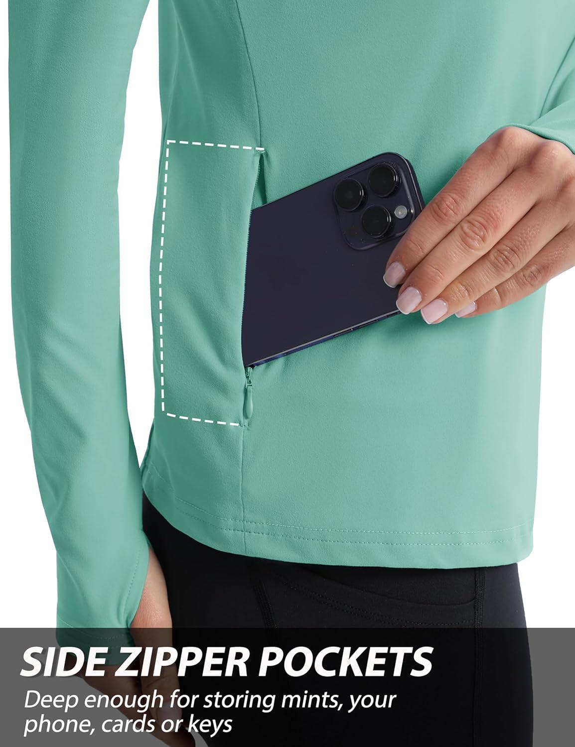 imageMAGCOMSEN Womens 14 Quarter Zip Pullover Thermal Running Shirts Long Sleeve Athletic Warm Tops with Zip PocketsGrey Green