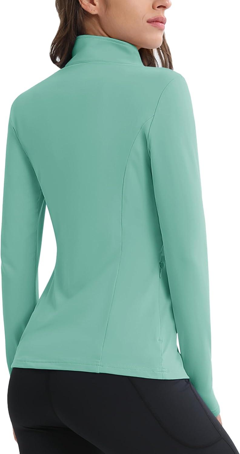 imageMAGCOMSEN Womens 14 Quarter Zip Pullover Thermal Running Shirts Long Sleeve Athletic Warm Tops with Zip PocketsGrey Green