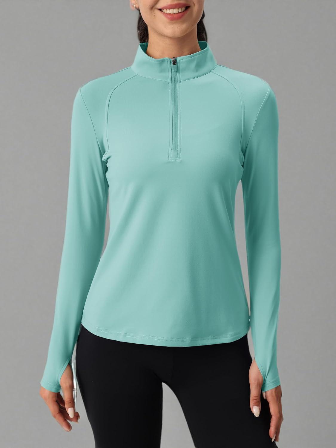 imageMAGCOMSEN Womens 14 Quarter Zip Pullover Thermal Running Shirts Long Sleeve Athletic Warm Tops with Zip PocketsGrey Green