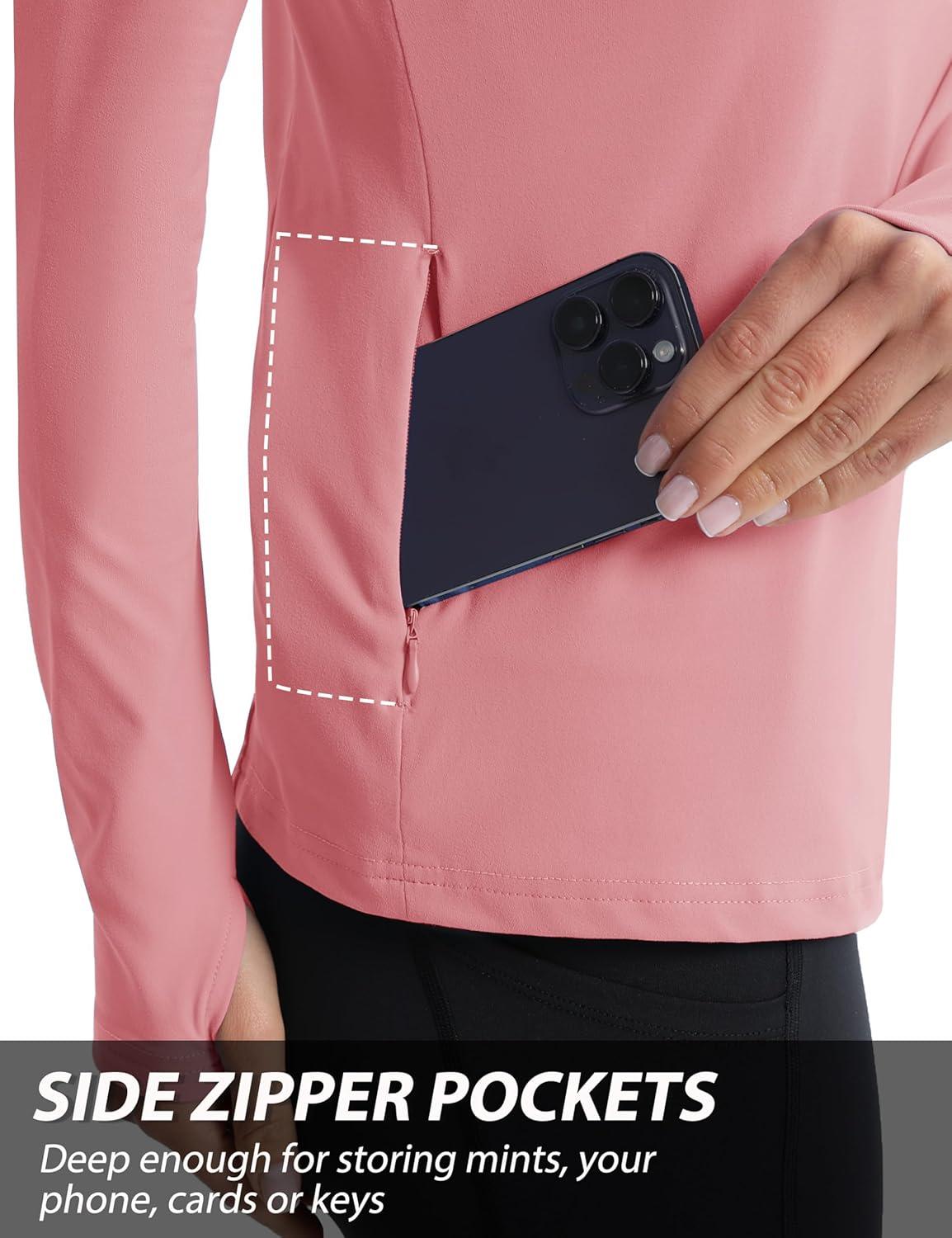 imageMAGCOMSEN Womens 14 Quarter Zip Pullover Thermal Running Shirts Long Sleeve Athletic Warm Tops with Zip PocketsGrey Pink