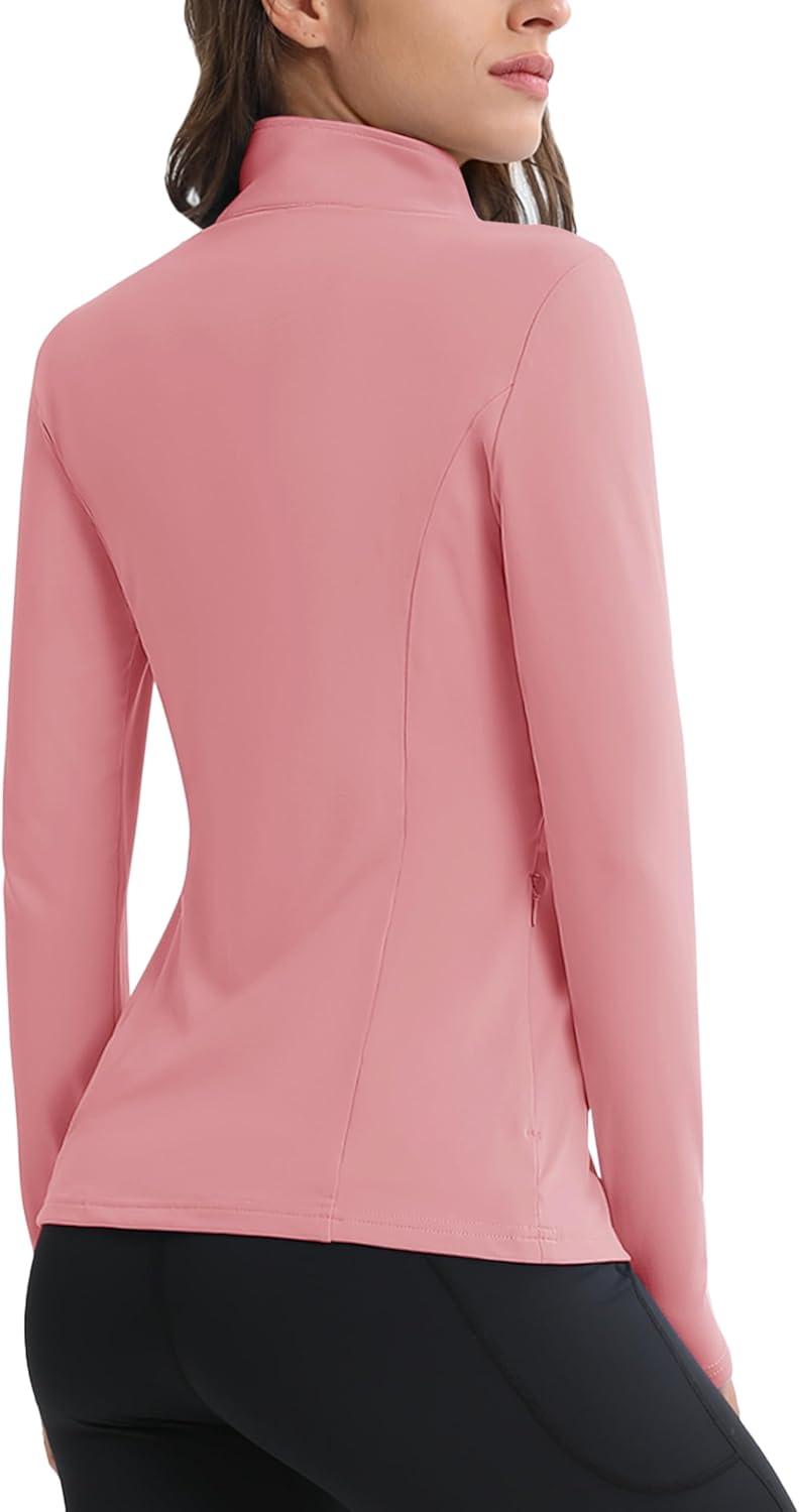imageMAGCOMSEN Womens 14 Quarter Zip Pullover Thermal Running Shirts Long Sleeve Athletic Warm Tops with Zip PocketsGrey Pink