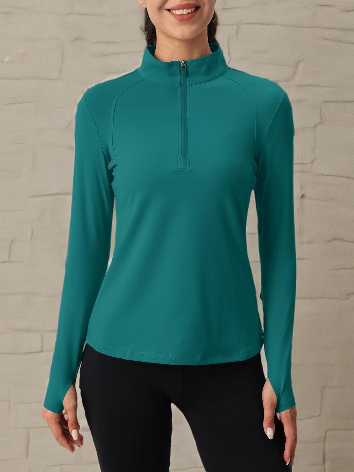 imageMAGCOMSEN Womens 14 Quarter Zip Pullover Thermal Running Shirts Long Sleeve Athletic Warm Tops with Zip PocketsJade Green