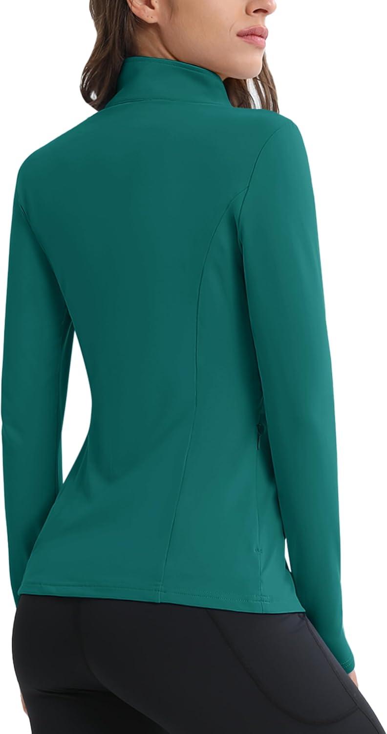 imageMAGCOMSEN Womens 14 Quarter Zip Pullover Thermal Running Shirts Long Sleeve Athletic Warm Tops with Zip PocketsJade Green