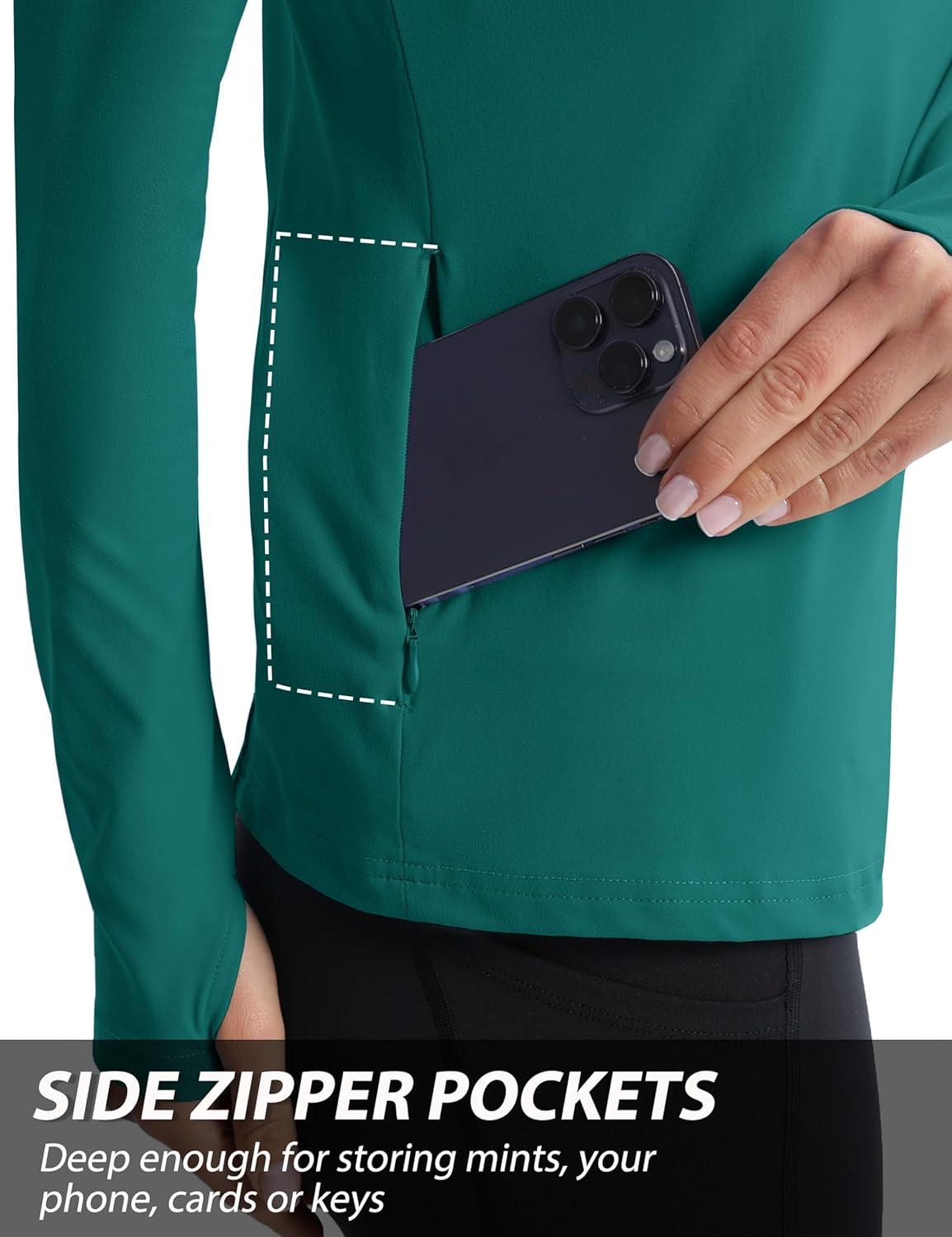 imageMAGCOMSEN Womens 14 Quarter Zip Pullover Thermal Running Shirts Long Sleeve Athletic Warm Tops with Zip PocketsJade Green