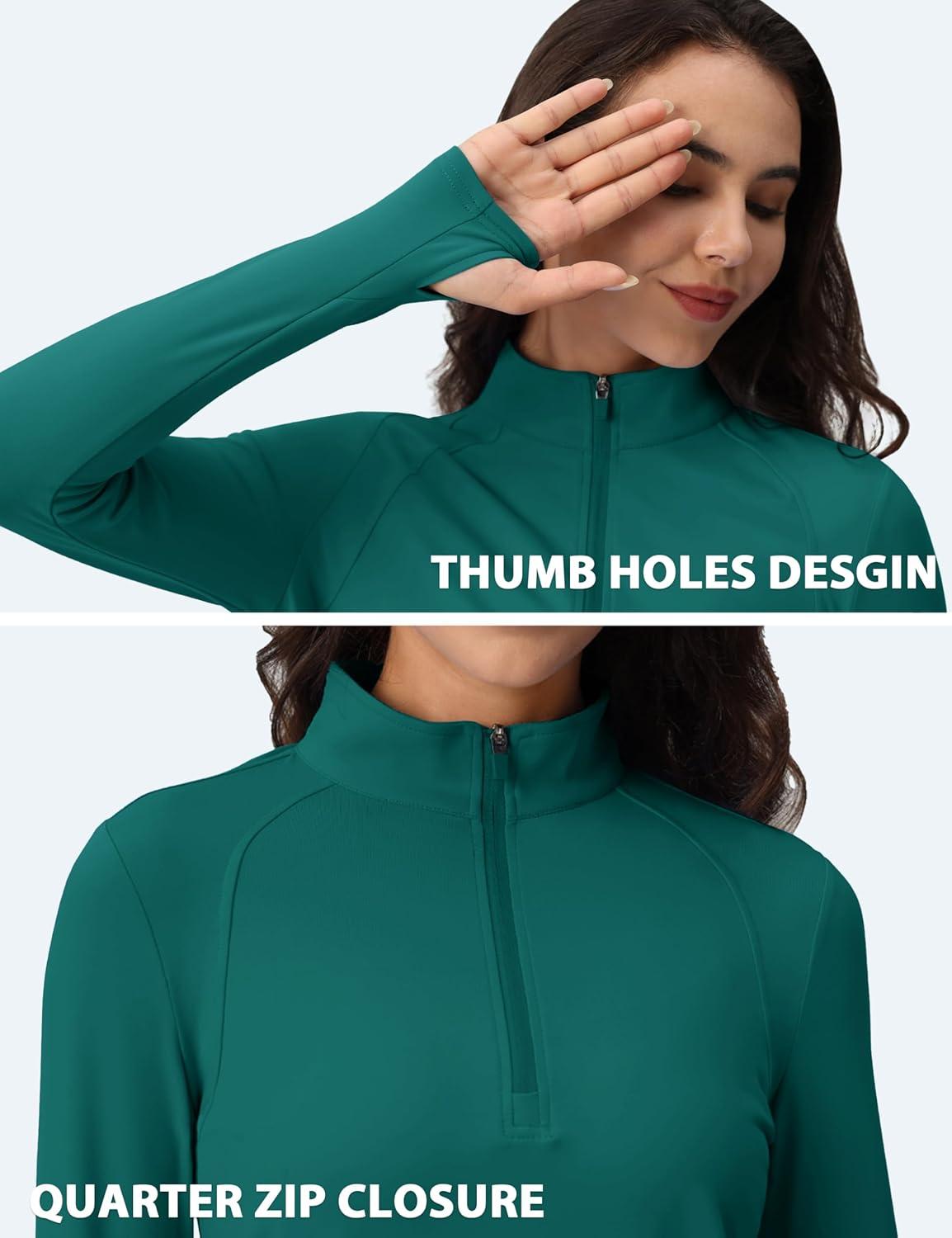 imageMAGCOMSEN Womens 14 Quarter Zip Pullover Thermal Running Shirts Long Sleeve Athletic Warm Tops with Zip PocketsJade Green