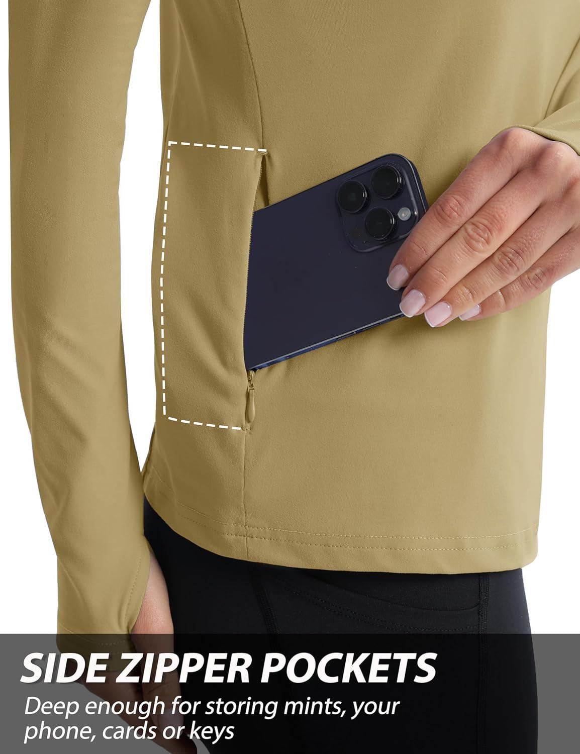 imageMAGCOMSEN Womens 14 Quarter Zip Pullover Thermal Running Shirts Long Sleeve Athletic Warm Tops with Zip PocketsKhaki