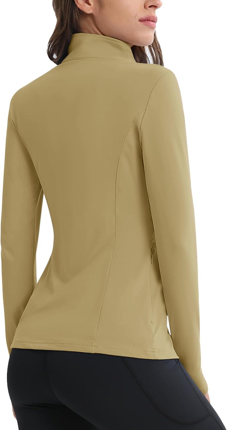 imageMAGCOMSEN Womens 14 Quarter Zip Pullover Thermal Running Shirts Long Sleeve Athletic Warm Tops with Zip PocketsKhaki