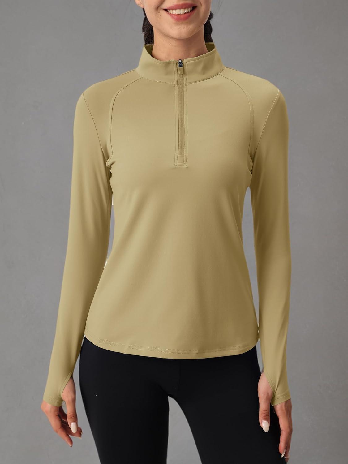 imageMAGCOMSEN Womens 14 Quarter Zip Pullover Thermal Running Shirts Long Sleeve Athletic Warm Tops with Zip PocketsKhaki