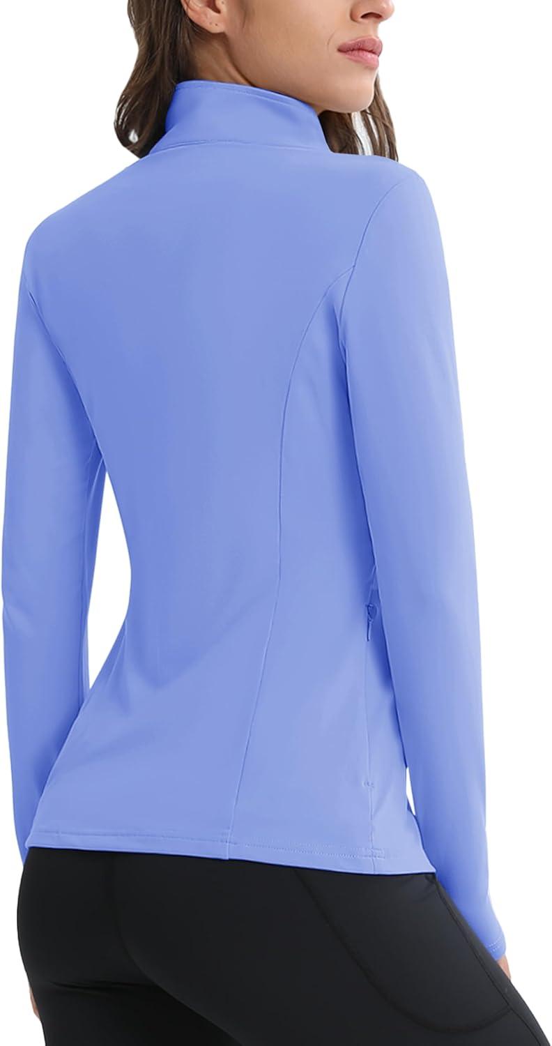 imageMAGCOMSEN Womens 14 Quarter Zip Pullover Thermal Running Shirts Long Sleeve Athletic Warm Tops with Zip PocketsLight Blue