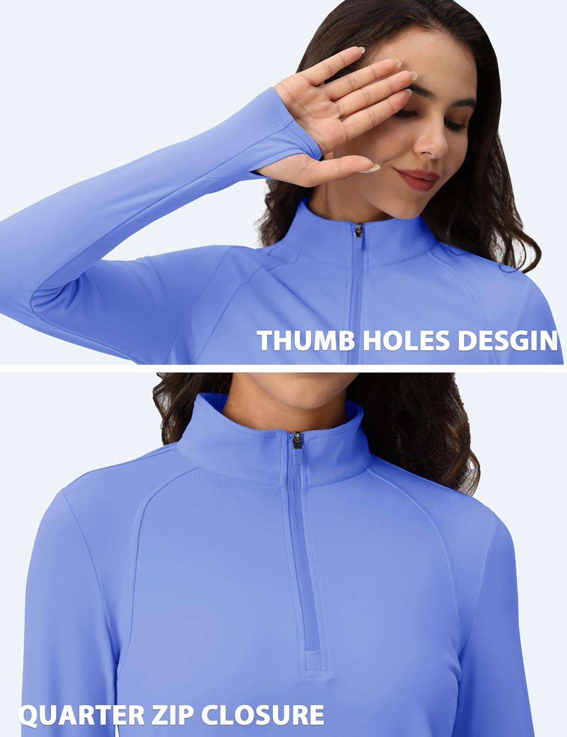 imageMAGCOMSEN Womens 14 Quarter Zip Pullover Thermal Running Shirts Long Sleeve Athletic Warm Tops with Zip PocketsLight Blue