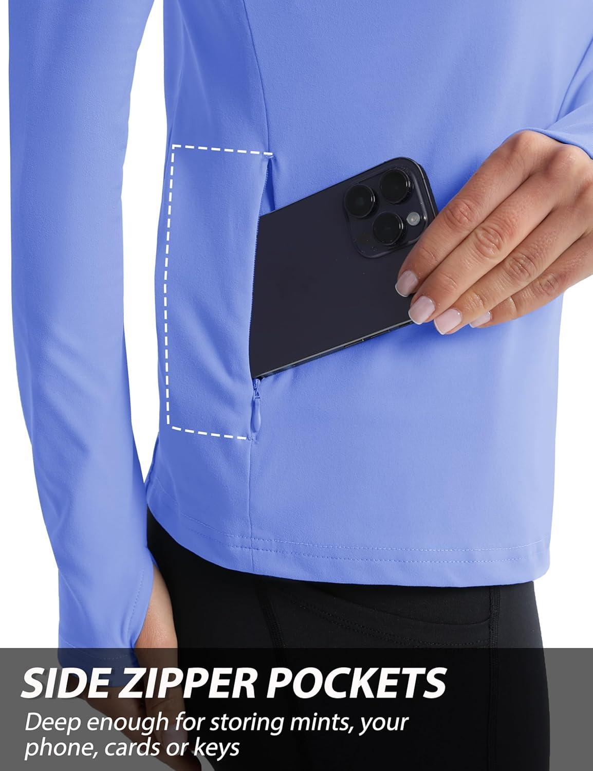 imageMAGCOMSEN Womens 14 Quarter Zip Pullover Thermal Running Shirts Long Sleeve Athletic Warm Tops with Zip PocketsLight Blue