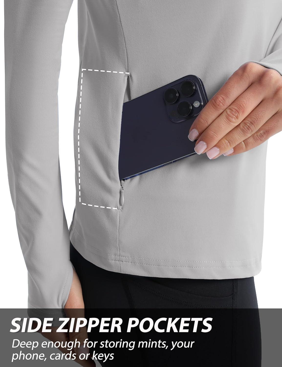 imageMAGCOMSEN Womens 14 Quarter Zip Pullover Thermal Running Shirts Long Sleeve Athletic Warm Tops with Zip PocketsLight Grey