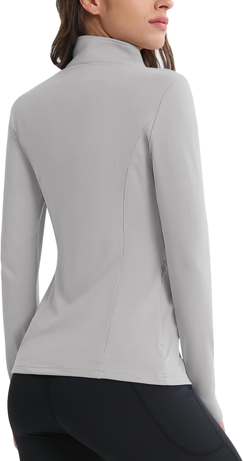 imageMAGCOMSEN Womens 14 Quarter Zip Pullover Thermal Running Shirts Long Sleeve Athletic Warm Tops with Zip PocketsLight Grey