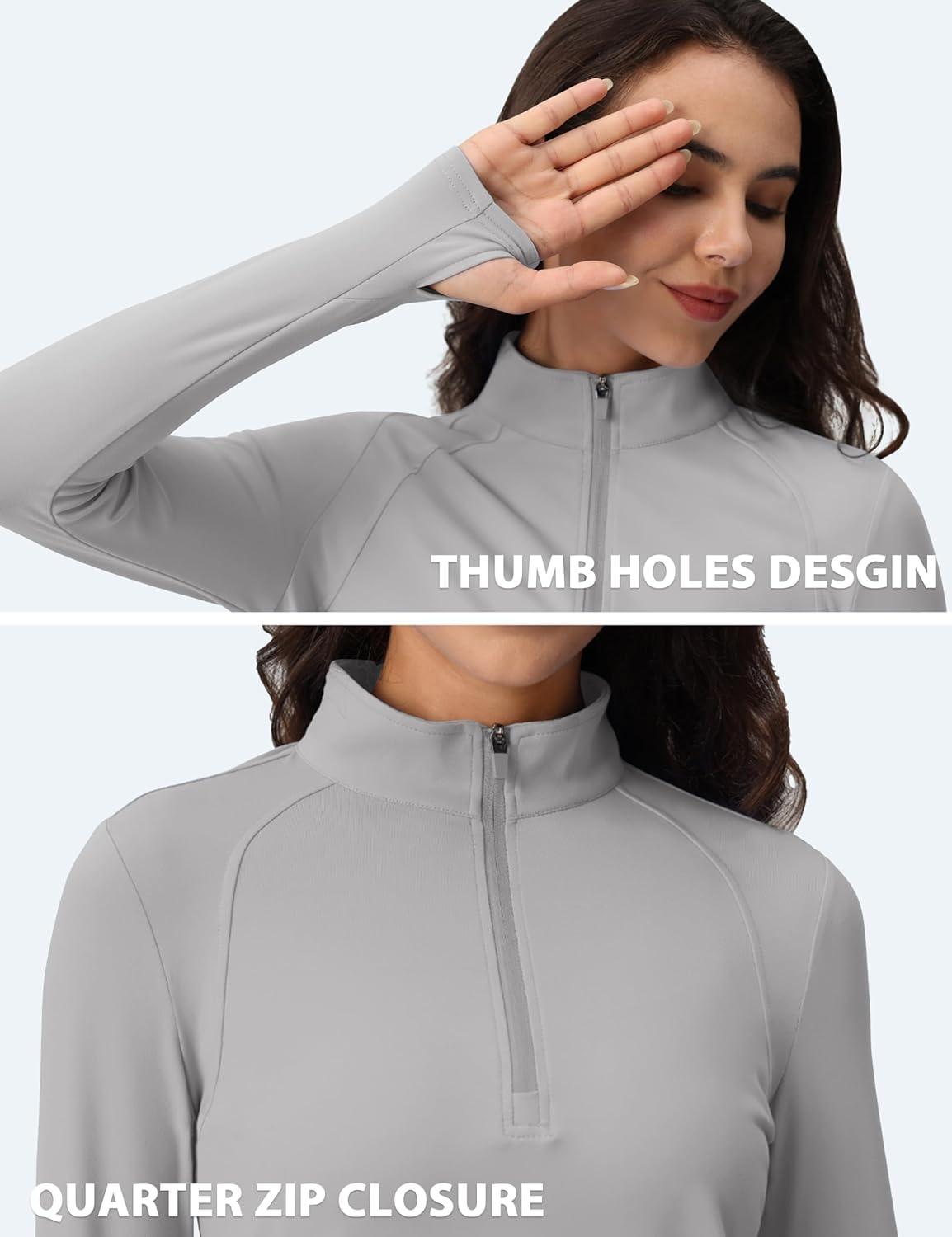 imageMAGCOMSEN Womens 14 Quarter Zip Pullover Thermal Running Shirts Long Sleeve Athletic Warm Tops with Zip PocketsLight Grey