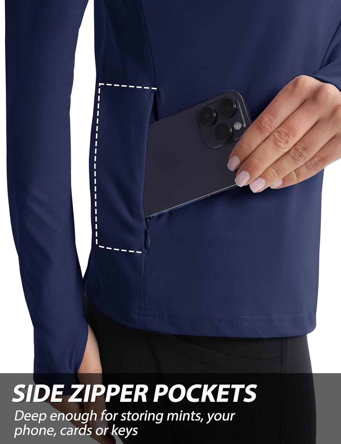 imageMAGCOMSEN Womens 14 Quarter Zip Pullover Thermal Running Shirts Long Sleeve Athletic Warm Tops with Zip PocketsNavy