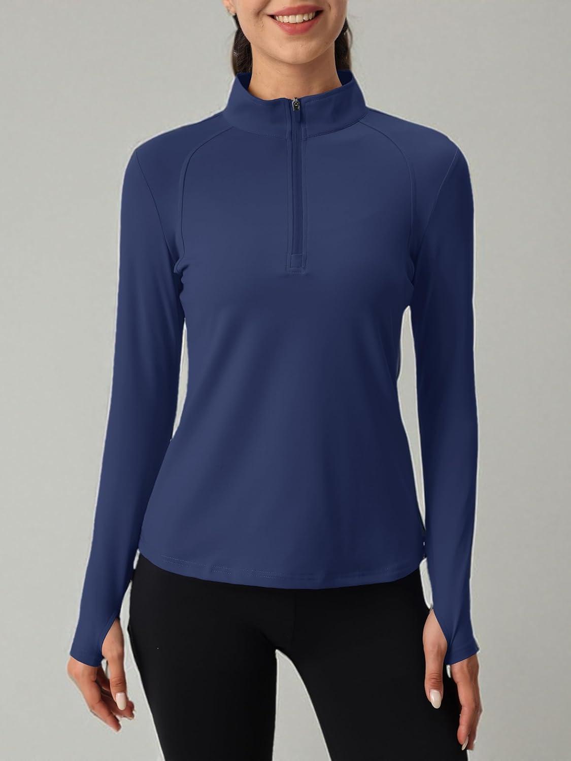 imageMAGCOMSEN Womens 14 Quarter Zip Pullover Thermal Running Shirts Long Sleeve Athletic Warm Tops with Zip PocketsNavy