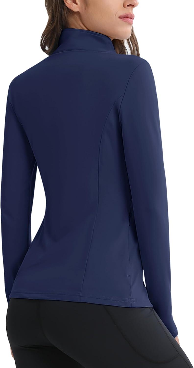 imageMAGCOMSEN Womens 14 Quarter Zip Pullover Thermal Running Shirts Long Sleeve Athletic Warm Tops with Zip PocketsNavy
