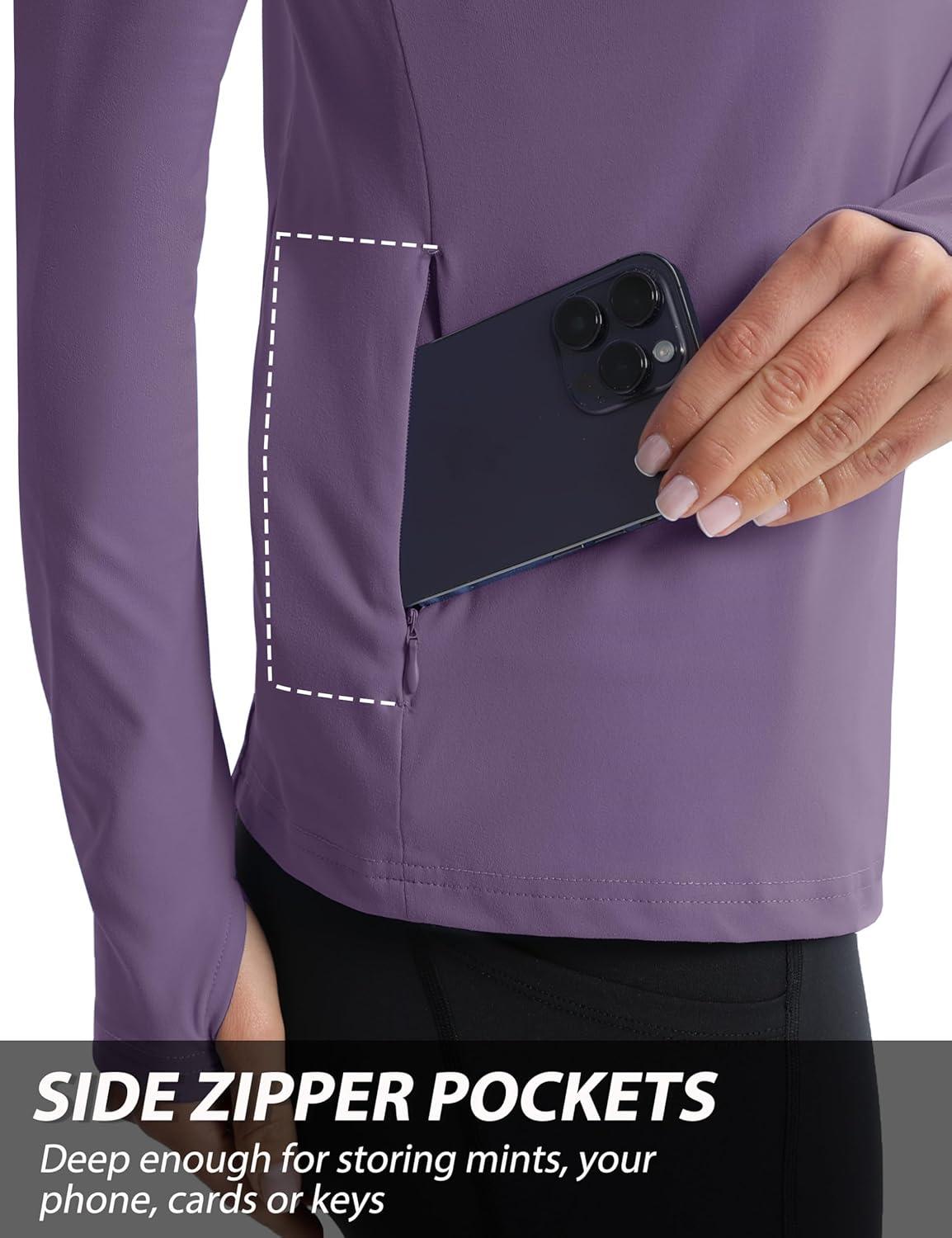 imageMAGCOMSEN Womens 14 Quarter Zip Pullover Thermal Running Shirts Long Sleeve Athletic Warm Tops with Zip PocketsPurple