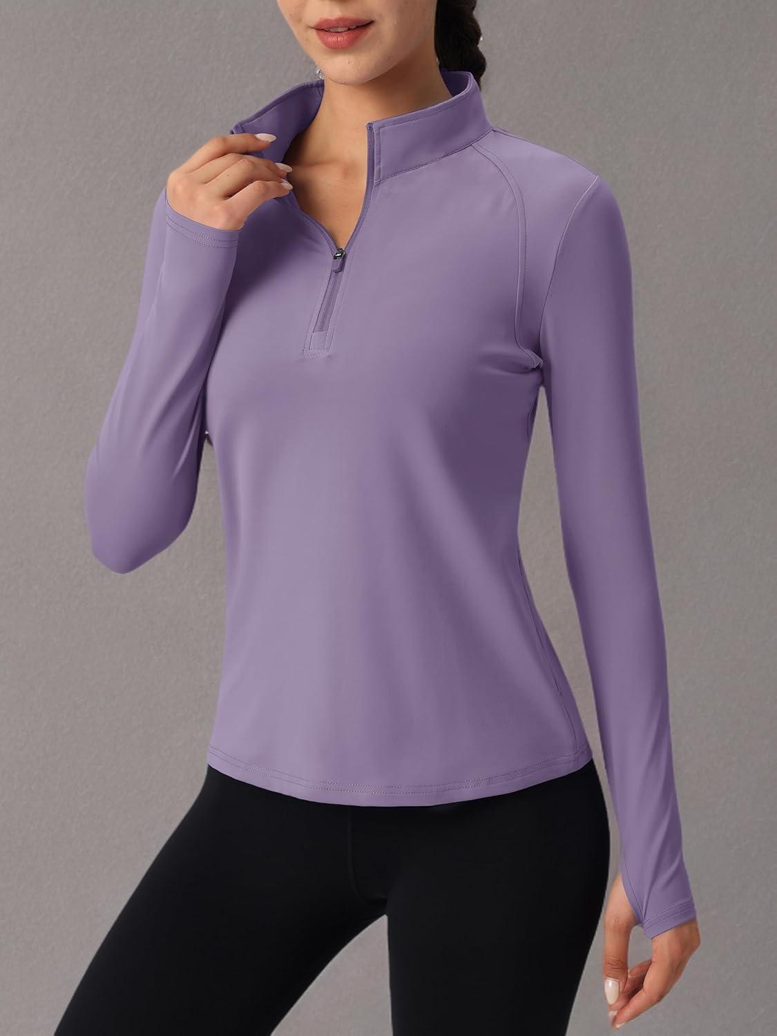 imageMAGCOMSEN Womens 14 Quarter Zip Pullover Thermal Running Shirts Long Sleeve Athletic Warm Tops with Zip PocketsPurple