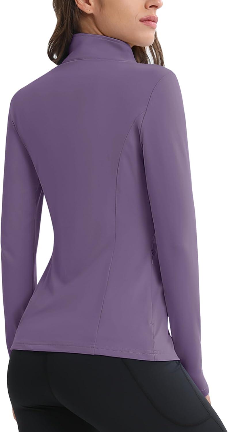 imageMAGCOMSEN Womens 14 Quarter Zip Pullover Thermal Running Shirts Long Sleeve Athletic Warm Tops with Zip PocketsPurple