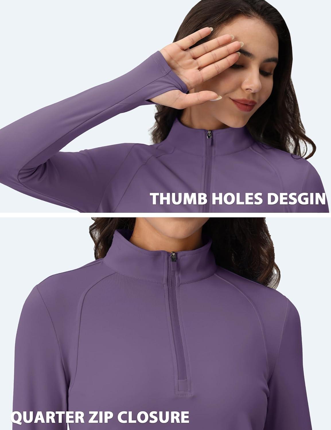 imageMAGCOMSEN Womens 14 Quarter Zip Pullover Thermal Running Shirts Long Sleeve Athletic Warm Tops with Zip PocketsPurple
