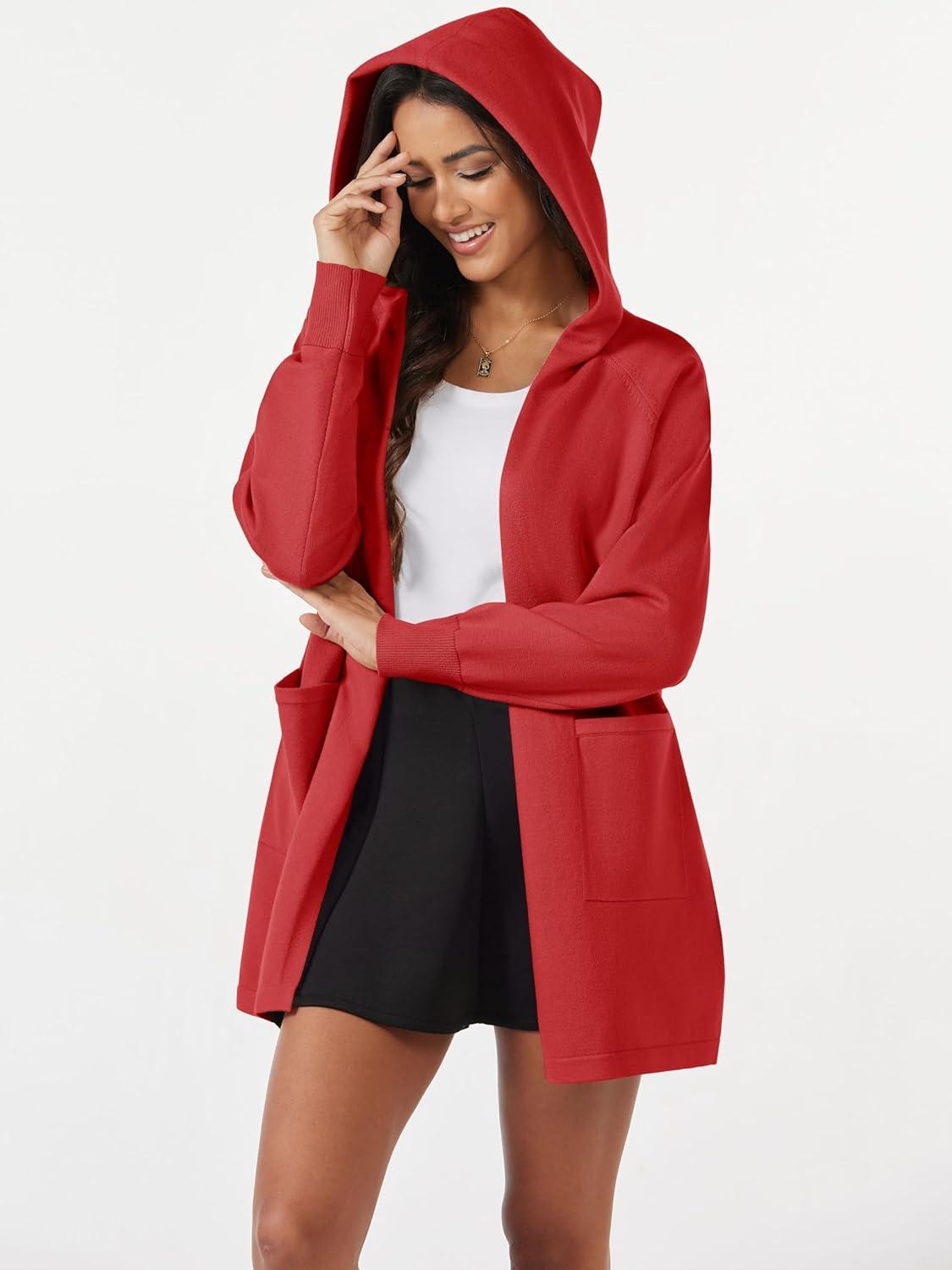 imageMAGCOMSEN Womens Cardigan Open Front Knit Hoodie Sweater Coatigan Jacket 2024 Casual Fall Trendy Coats with PocketsTomato Red