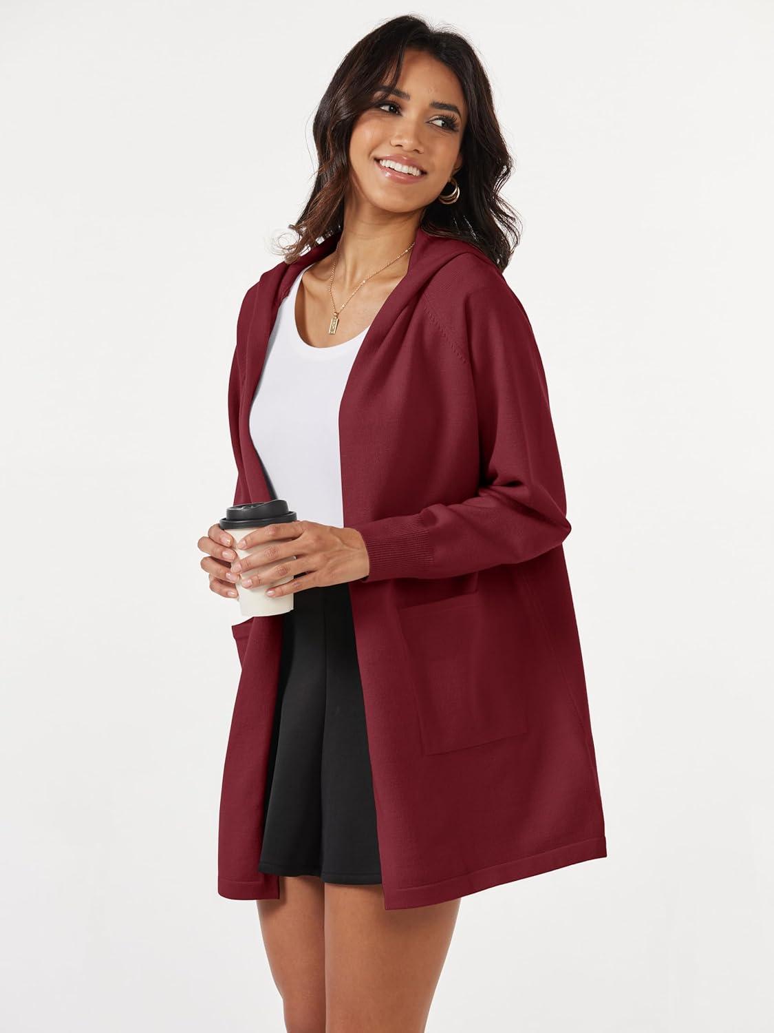imageMAGCOMSEN Womens Cardigan Open Front Knit Hoodie Sweater Coatigan Jacket 2024 Casual Fall Trendy Coats with PocketsWine Red