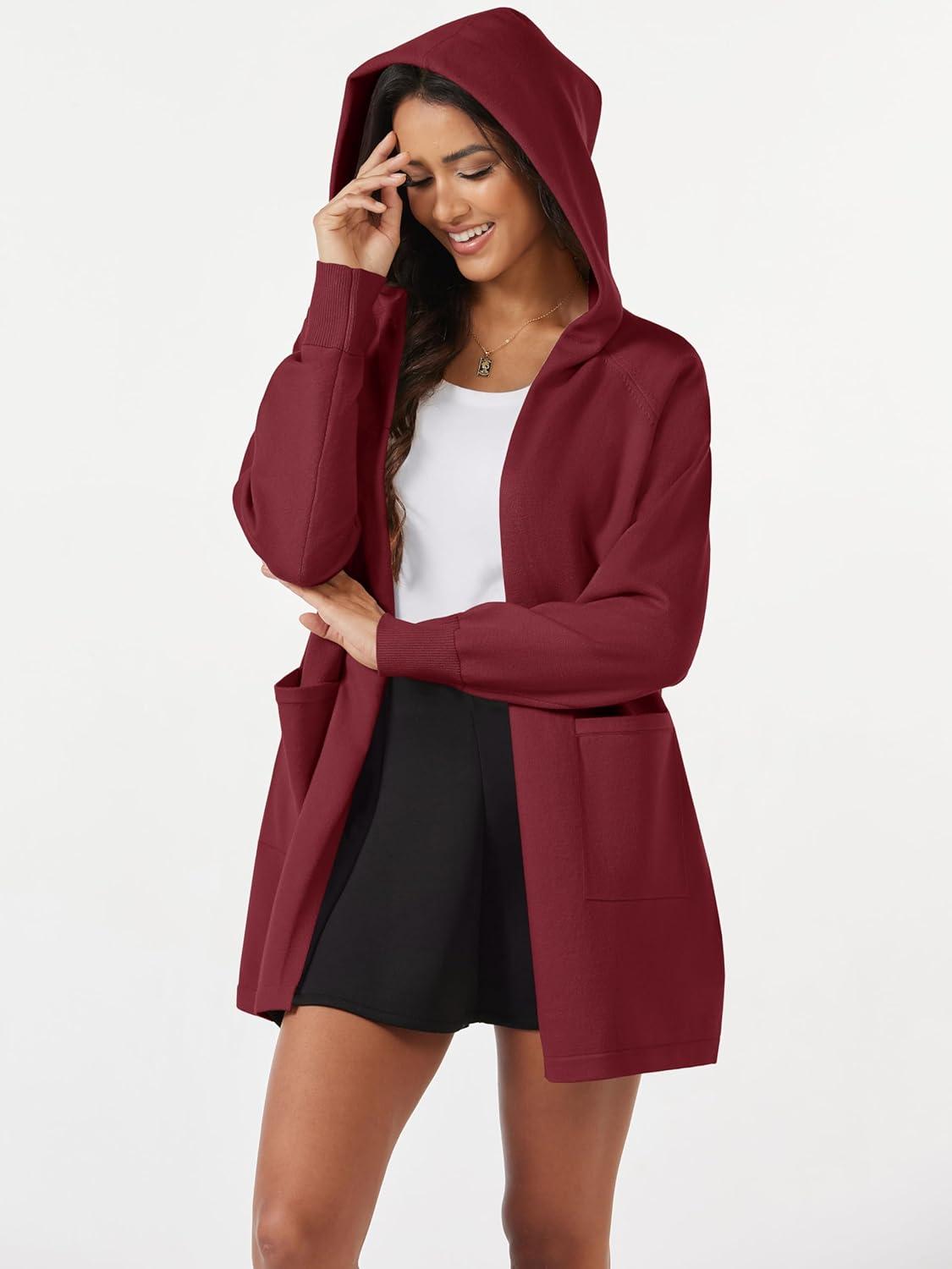 imageMAGCOMSEN Womens Cardigan Open Front Knit Hoodie Sweater Coatigan Jacket 2024 Casual Fall Trendy Coats with PocketsWine Red