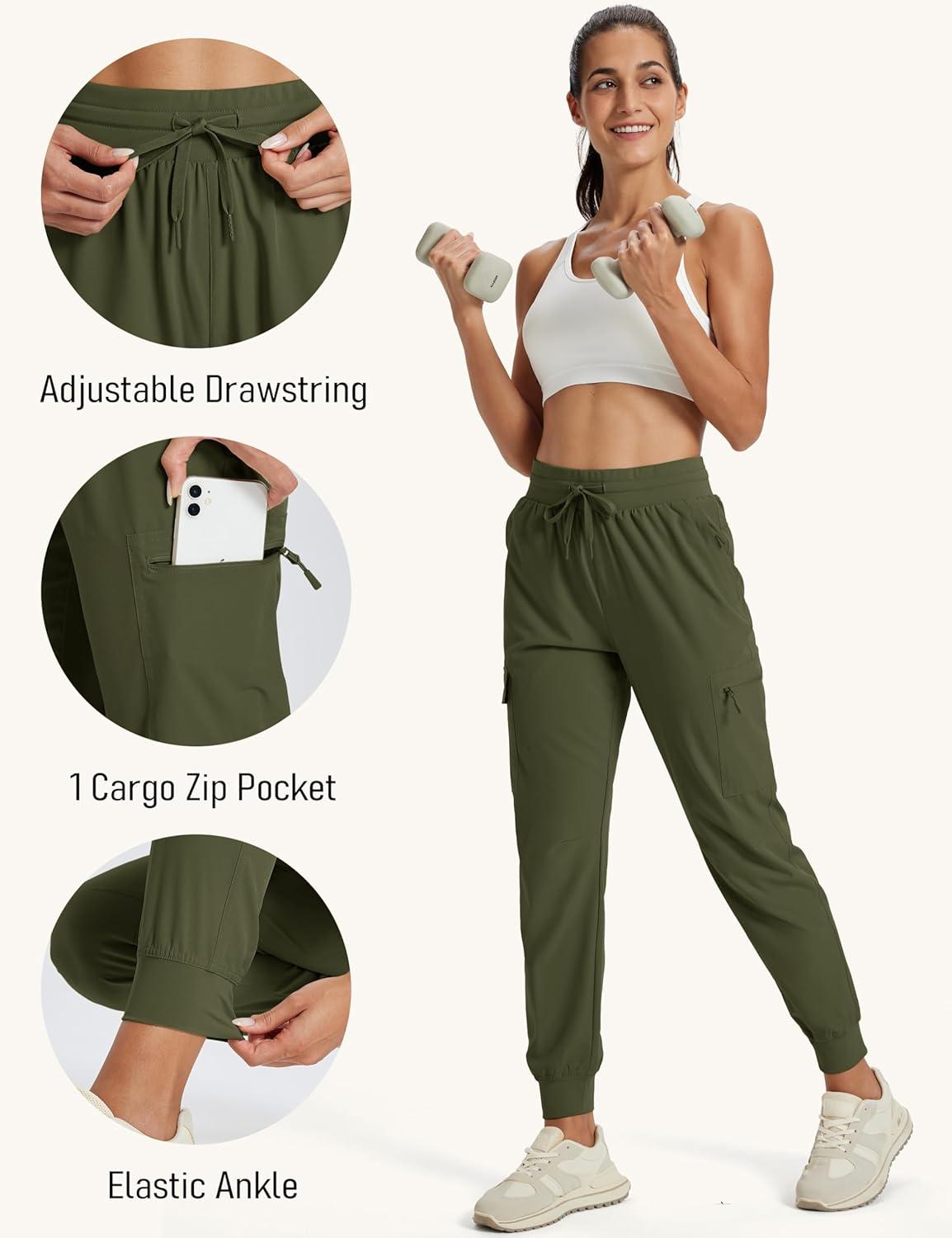 imageMAGCOMSEN Womens Cargo Joggers Lightweight Quick Dry Hiking Pants UPF 50 Athletic Workout Travel Joggers Zipper PocketsArmy Green