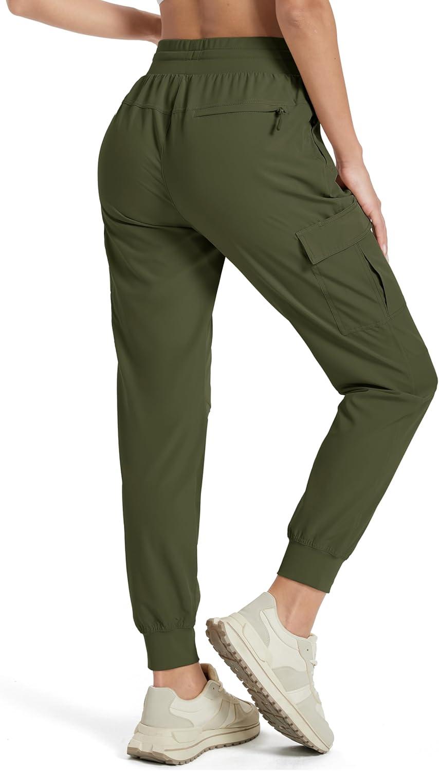 imageMAGCOMSEN Womens Cargo Joggers Lightweight Quick Dry Hiking Pants UPF 50 Athletic Workout Travel Joggers Zipper PocketsArmy Green